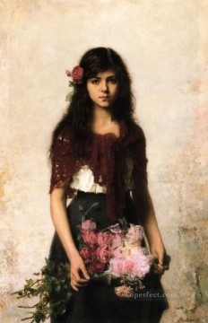 アレクセイ・ハルラモフ Painting - 花売りの少女の肖像画 アレクセイ・ハルラモフ